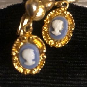 Vintage Blue Cameo Clip Earrings